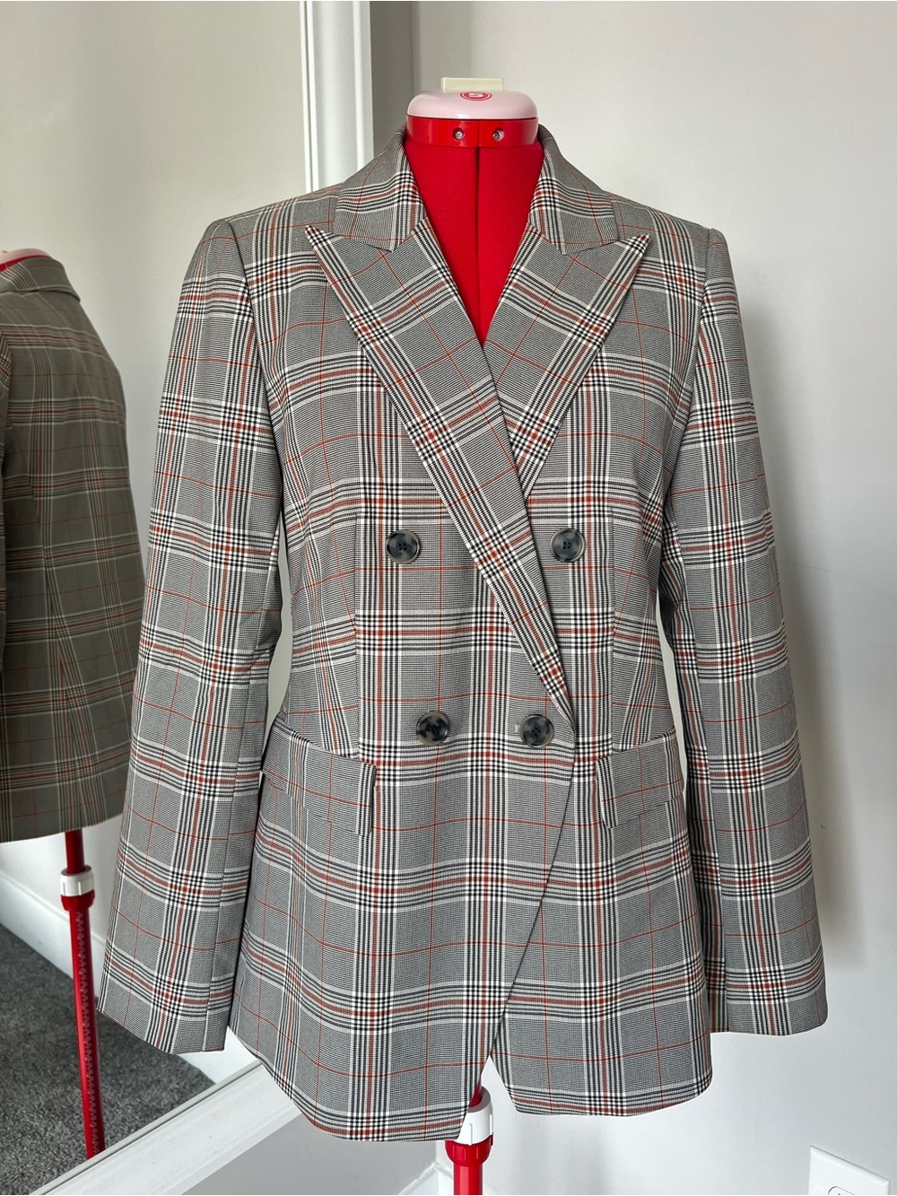 J. Crew Double-Breasted Plaid Blazer in Grey with Red Accents
